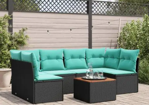 Set canapele de grădină cu perne, 7 piese, negru, poliratan - 1/3