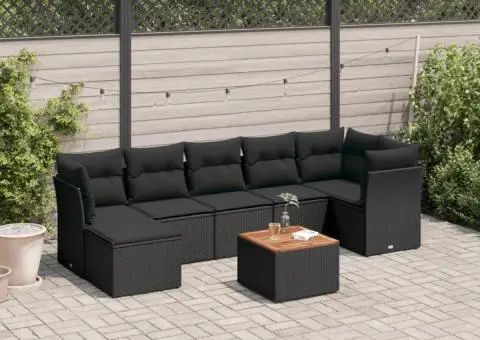 Set mobilier de grădină cu perne, 8 piese, negru, poliratan - 1/3