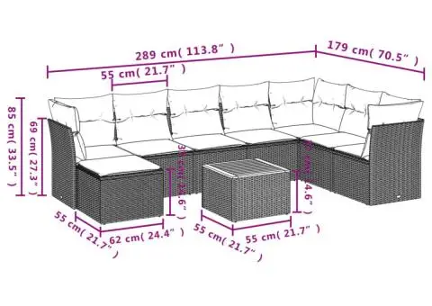 Set canapele de grădină, 9 piese, cu perne, gri, poliratan - 3/3