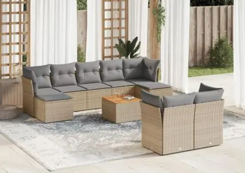 Set canapele de grădină cu perne, 10 piese, bej, poliratan - 1/3