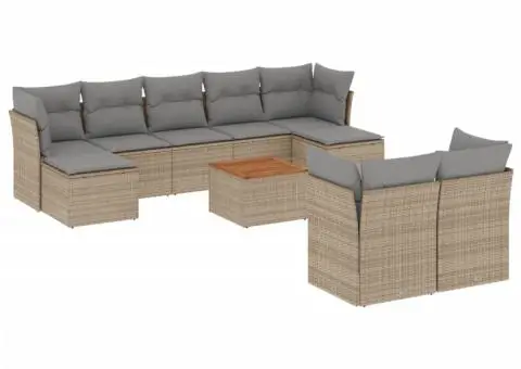 Set canapele de grădină cu perne, 10 piese, bej, poliratan - 2/3