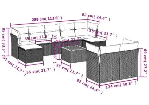 Set canapele de grădină cu perne, 10 piese, bej, poliratan - 3/3