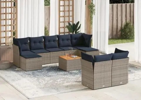 Set canapele de grădină cu perne, 10 piese, gri, poliratan - 1/3