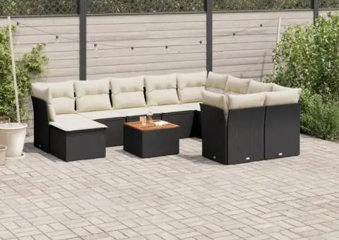 Set canapele de grădină cu perne, 11 piese, negru, poliratan - 1/3