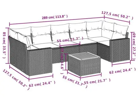 Set mobilier de grădină cu perne, 8 piese, negru, poliratan - 3/3