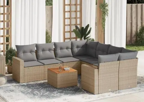 Set canapele de grădină, 9 piese, cu perne, bej, poliratan - 1/3