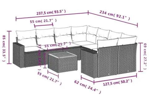 Set canapele de grădină, 9 piese, cu perne, bej, poliratan - 3/3