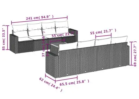 Set canapele de grădină, 9 piese, cu perne, gri, poliratan - 3/3