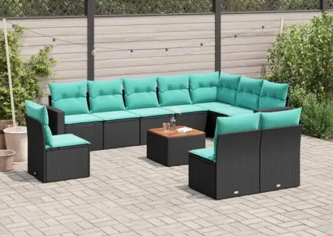 Set canapele de grădină cu perne, 11 piese, negru, poliratan - 1/3