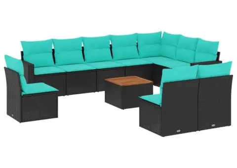 Set canapele de grădină cu perne, 11 piese, negru, poliratan - 2/3