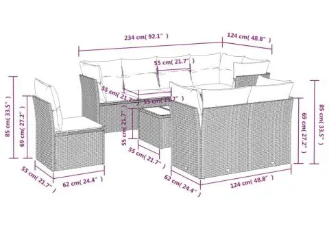 Set canapele de grădină, 9 piese, cu perne, gri, poliratan - 3/3