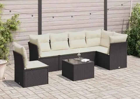 Set canapele de grădină cu perne, 7 piese, negru, poliratan - 1/4