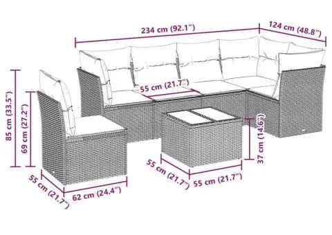 Set canapele de grădină cu perne, 7 piese, negru, poliratan - 3/4