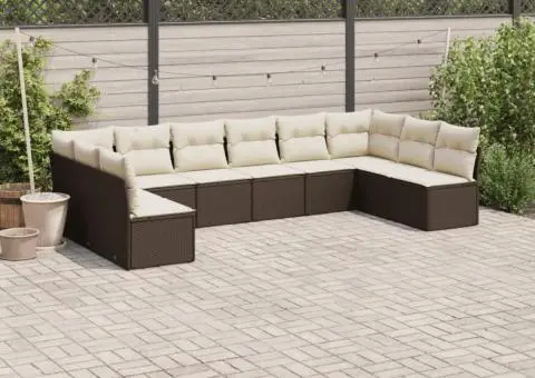 Set canapele de grădină cu perne, 10 piese, maro, poliratan - 1/3