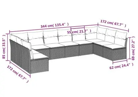 Set canapele de grădină cu perne, 10 piese, maro, poliratan - 3/3