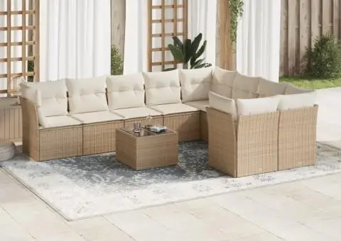 Set canapele de grădină cu perne, 10 piese, bej, poliratan - 1/3