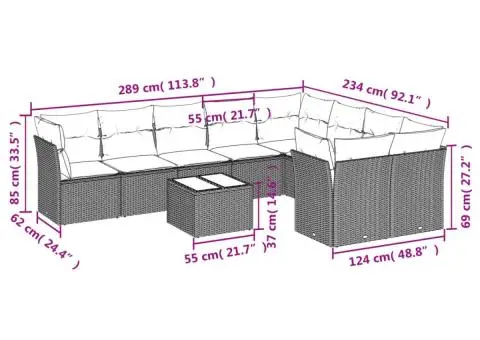 Set canapele de grădină cu perne, 10 piese, bej, poliratan - 3/3