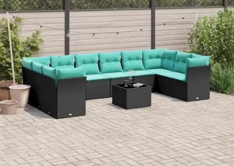 Set canapele de grădină cu perne, 11 piese, negru, poliratan - 1/3