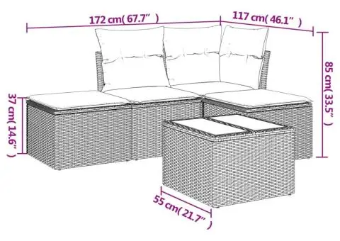 Set mobilier de grădină cu perne, 5 piese, negru, poliratan - 3/3