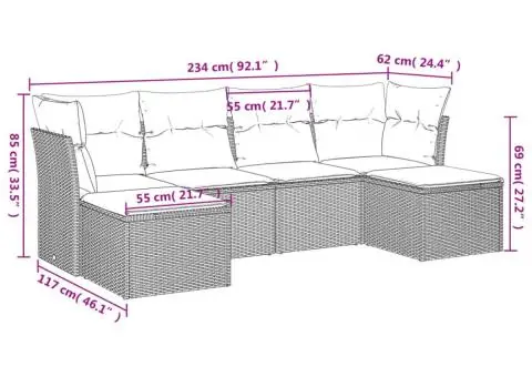 Set mobilier grădină cu perne, 6 piese, gri, poliratan - 3/3