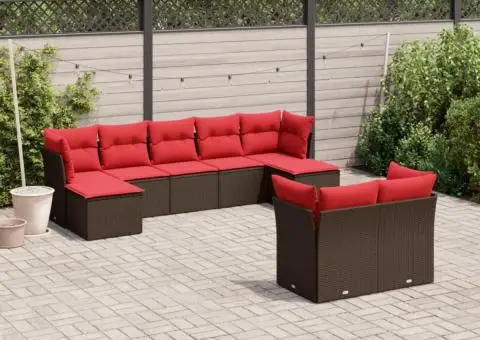 Set canapele de grădină cu perne, 9 piese, maro, poliratan - 1/3