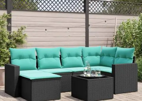 Set canapele de grădină cu perne, 7 piese, negru, poliratan - 1/3