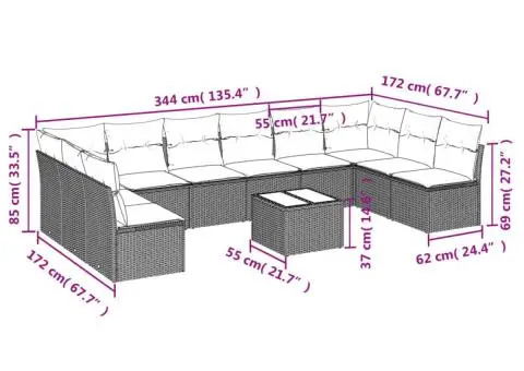 Set canapele de grădină cu perne, 11 piese, gri, poliratan - 3/3