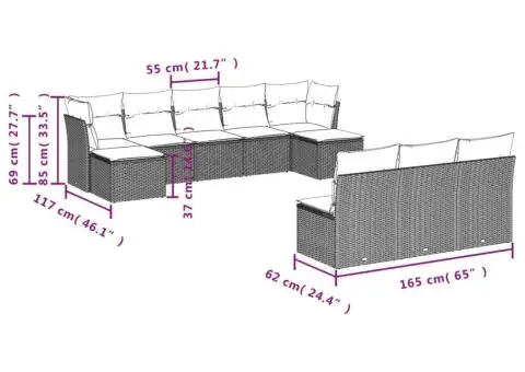 Set canapele de grădină cu perne, 10 piese, gri, poliratan - 3/3