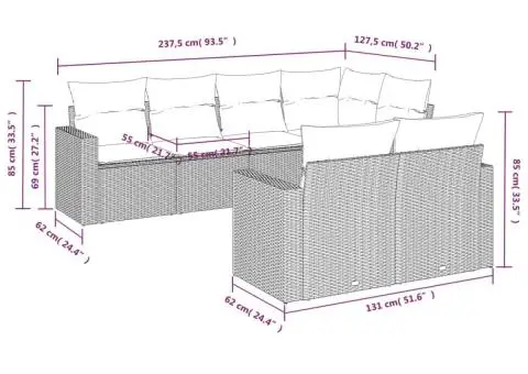 Set canapele de grădină cu perne, 7 piese, gri, poliratan - 3/3