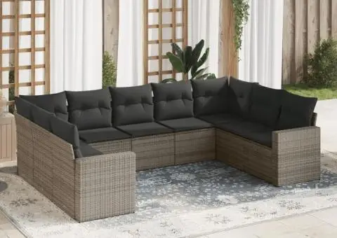 Set canapele de grădină, 9 piese, cu perne, gri, poliratan - 1/3