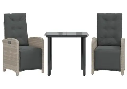 Set bistro cu perne, 3 piese, gri deschis, poliratan - 2/5