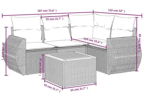 Set canapea de grădină cu perne, 5 piese, gri, poliratan - 3/3
