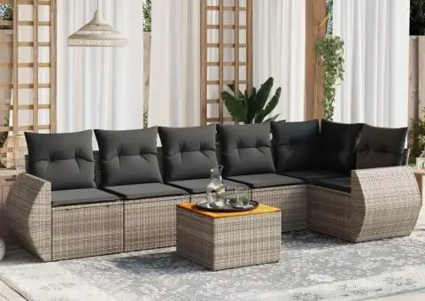 Set canapele de grădină, 7 piese, cu perne, gri, poliratan - 1/3