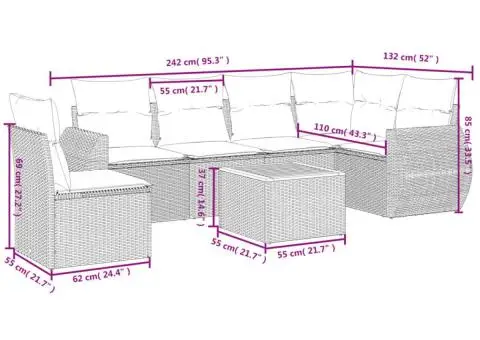 Set canapele de grădină, 7 piese, cu perne, bej, poliratan - 3/3