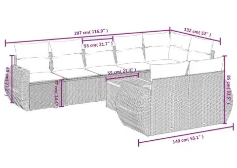 Set canapele de grădină, 9 piese, cu perne, bej, poliratan - 3/3