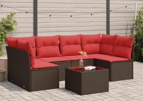 Set canapele de grădină cu perne, 7 piese, maro, poliratan - 1/3