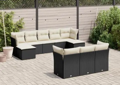 Set canapele de grădină cu perne, 10 piese, negru, poliratan - 1/3