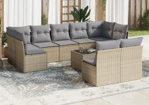 Set canapele de grădină cu perne, 10 piese, bej, poliratan - 1/3