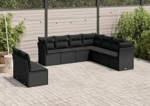 Set mobilier de grădină cu perne, 9 piese, negru, poliratan - 1/3