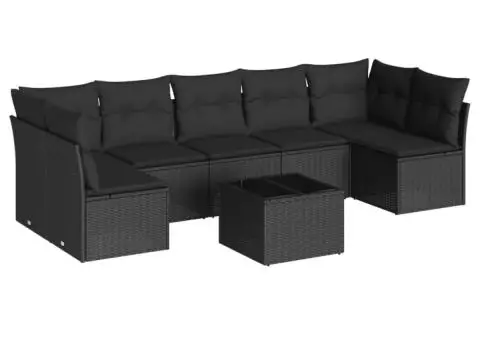 Set mobilier de grădină cu perne, 8 piese, negru, poliratan - 2/3