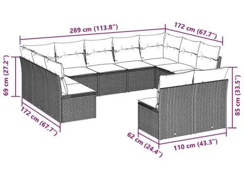 Set canapele de grădină cu perne, 11 piese, maro, poliratan - 3/3
