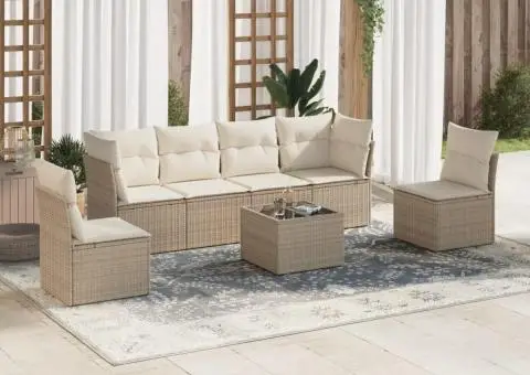 Set canapele de grădină, 7 piese, cu perne, bej, poliratan - 1/3