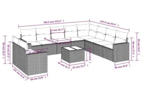 Set canapele de grădină cu perne, 11 piese, bej, poliratan - 3/3