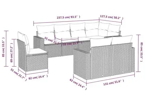Set canapele de grădină cu perne, 8 piese, gri, poliratan - 3/3