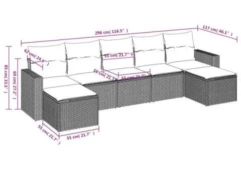 Set canapele de grădină cu perne, 7 piese, negru, poliratan - 3/3