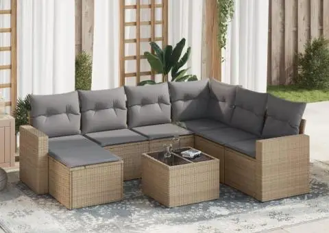 Set canapele de grădină, 8 piese, cu perne, bej, poliratan - 1/3