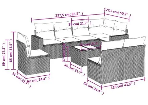 Set mobilier de grădină cu perne, 9 piese, negru, poliratan - 3/3