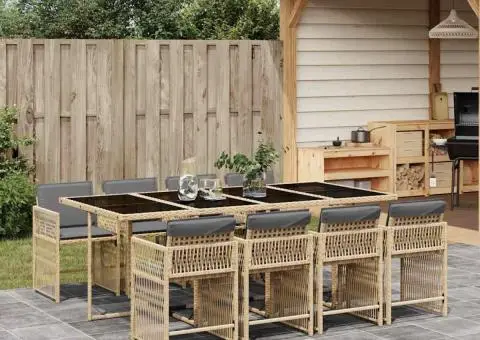 Set de masă pentru grădină, 9 piese, cu perne, bej, poliratan - 1/5