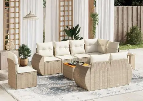 Set canapele de grădină, 9 piese, cu perne, bej, poliratan - 1/3