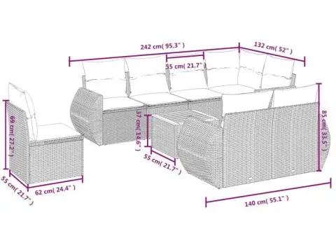 Set canapele de grădină, 9 piese, cu perne, bej, poliratan - 3/3